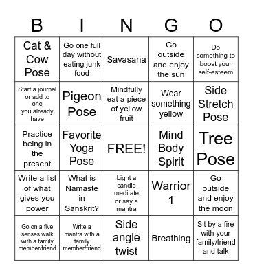 Solar Plexus Yoga Bingo Card
