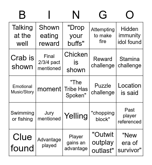 Survivor Bingo Card