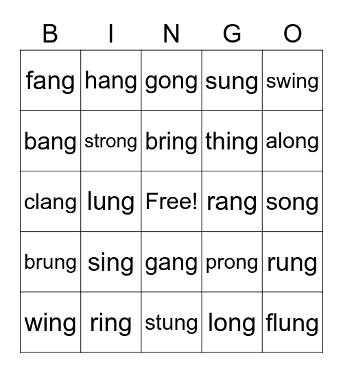 ‘ng’ Words Bingo Card
