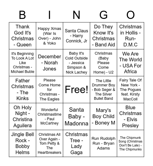 Christmas Song Bingo Card