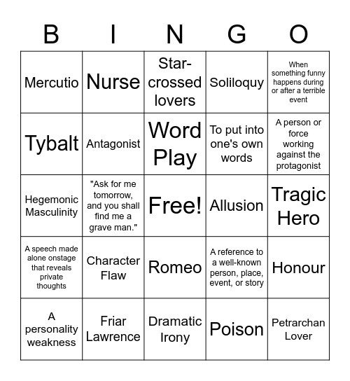 Romeo and Juliet Bingo Card