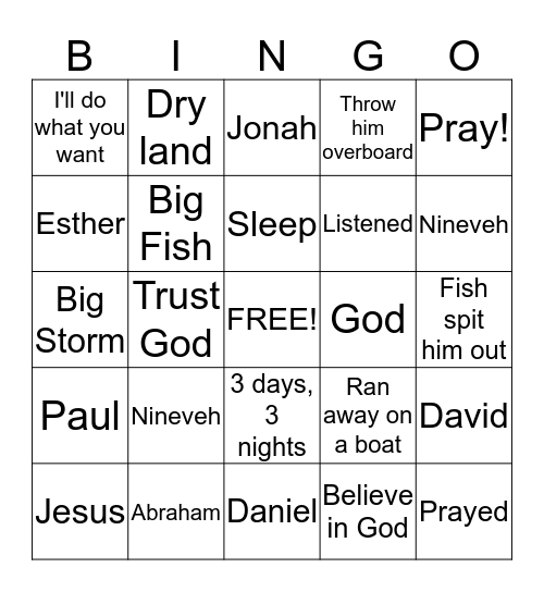 Jonah Bingo Card