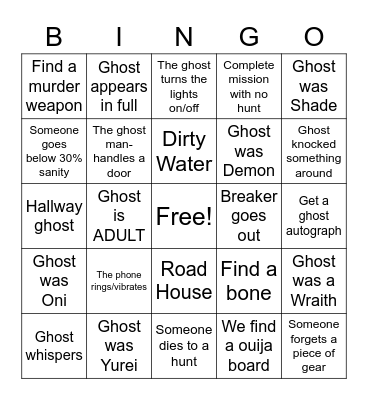 PhasmoPHOBIA Bingo Card