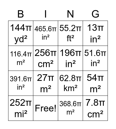 Surface Area Bingo Card