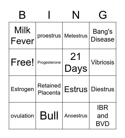 Estrus Cycle Bingo Card