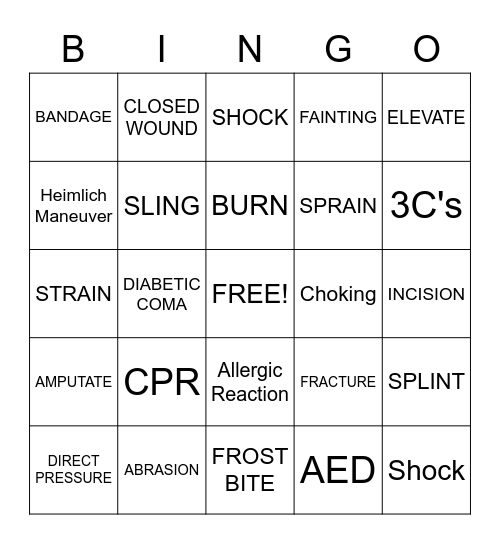 FIRST AID Bingo Card