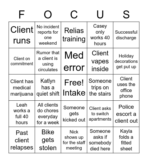 Focus XII Bingo (Hard) Bingo Card