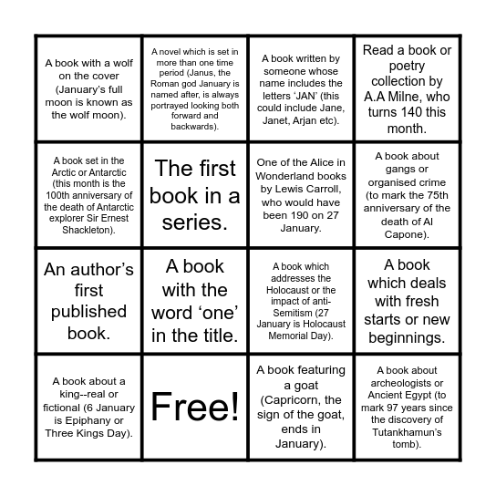 January Bingo Card