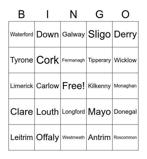 Counties Of Ireland Bingo Card