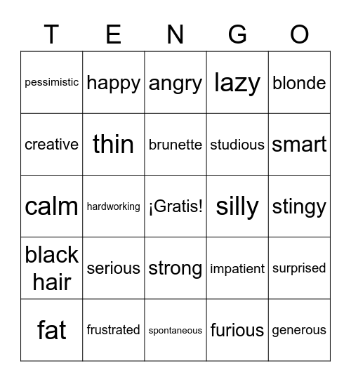 Unidad 1- Characteristics & Feelings Bingo Card