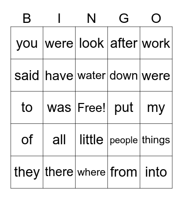 Sight Word Bingo Card