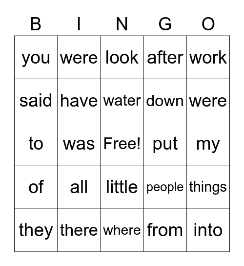 Sight Word Bingo Card