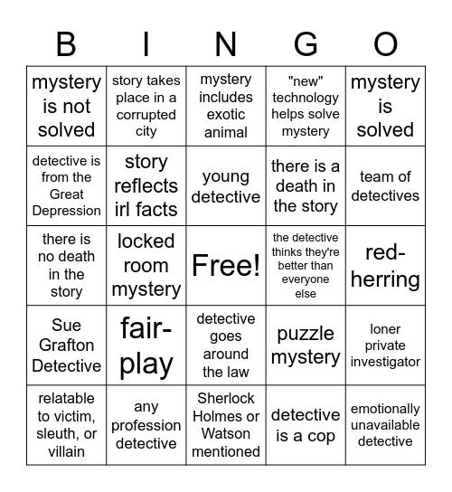 Detective Fiction Bingo Card