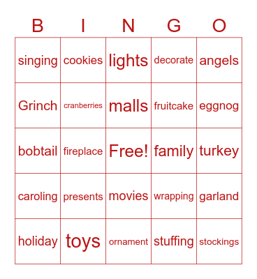 Holiday Celebration Bingo Card