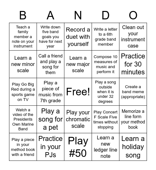 Beechwood 8th Grade Band Winter BANDO 21-22 Bingo Card