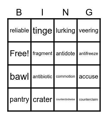 Milkweed Vocabulary Bingo Card