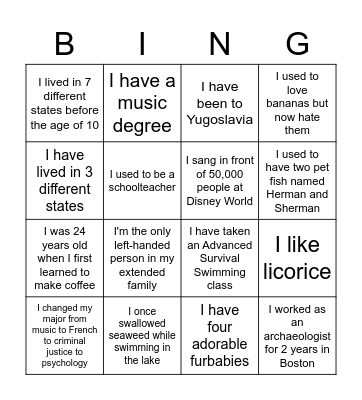Life Experience Bingo Card