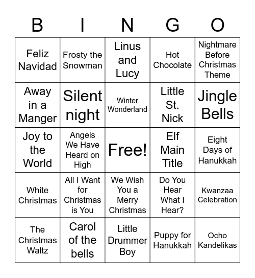 Holiday Music Bingo! Bingo Card