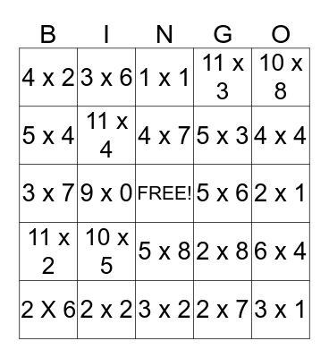 Multiplication  Bingo Card