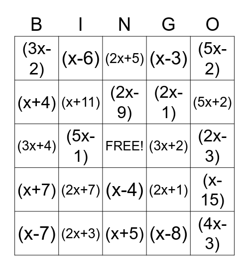 Factoring Trinomials Bingo! Bingo Card