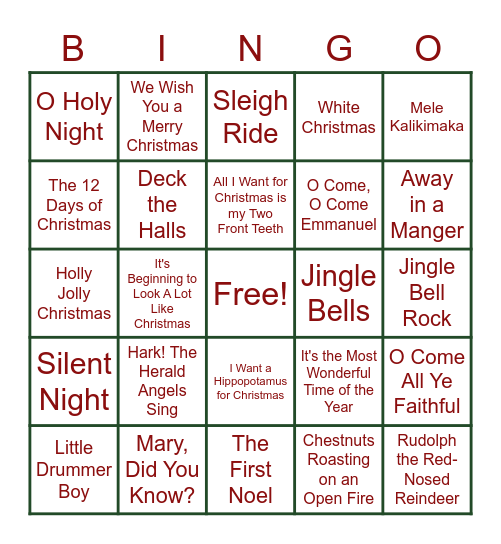 Name That Christmas Song Bingo Card