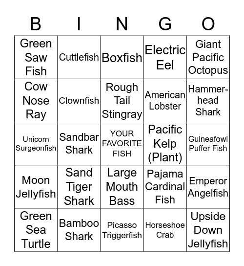 Ripley's Aquarium Bingo Card