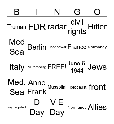 WWII in Europe and Africa Bingo Card