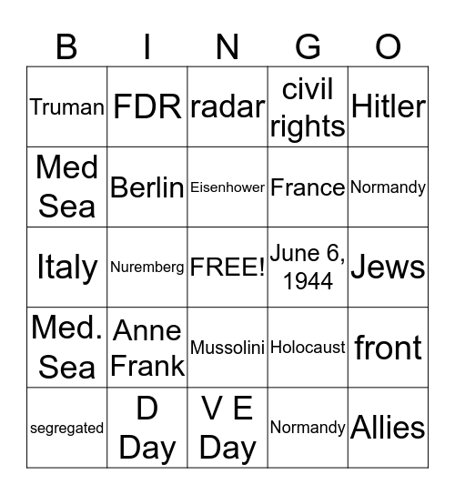 WWII in Europe and Africa Bingo Card
