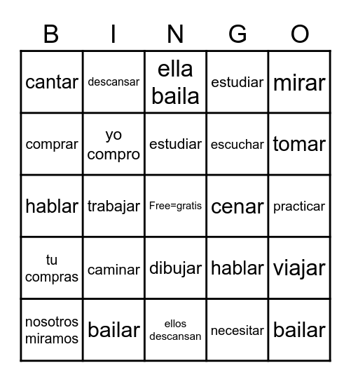 16 -AR Spanish Verbs Bingo Card