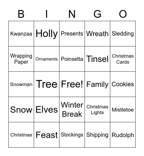 Winter Holiday BINGO - Game 2 Bingo Card