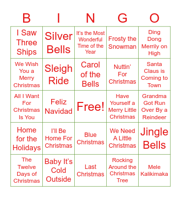 Holiday Song Bingo Card
