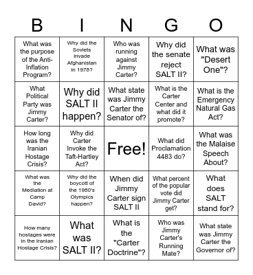 Jimmy Carter's Presidency bingo Card