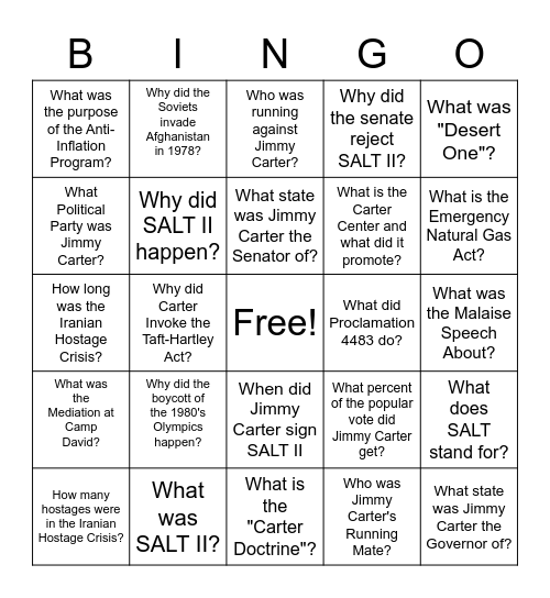 Jimmy Carter's Presidency bingo Card