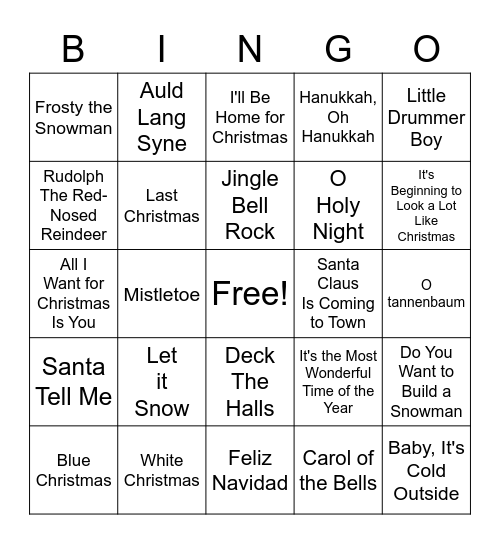 Holiday Song Bingo Card