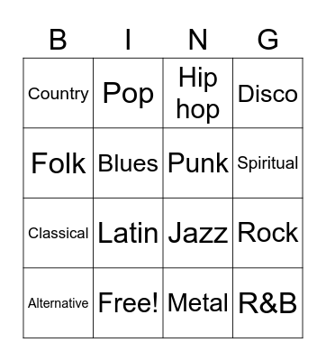 Music Genres Bingo Card
