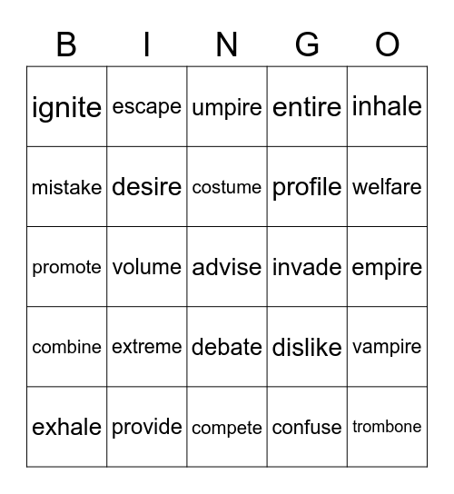 2 Syllable- Silent e words Bingo Card