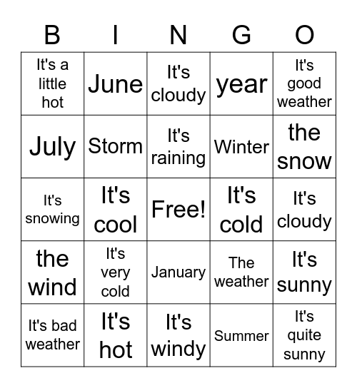 Weather and Seasons Bingo Card