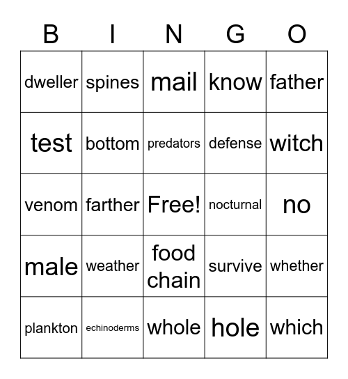 Sea Urchins Bingo Card