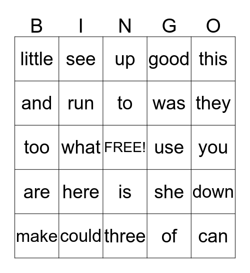 High Frequency Words Bingo Card