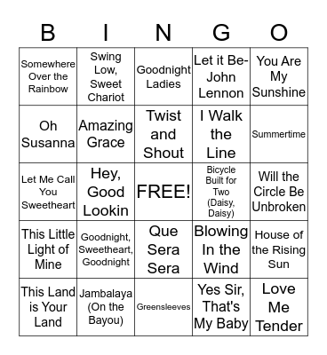 Familiar Songs Bingo  Bingo Card