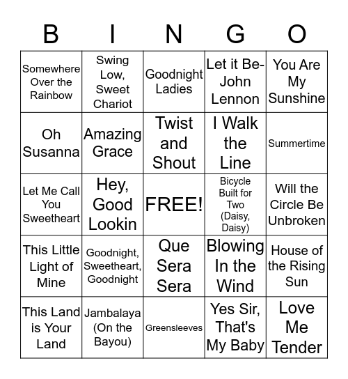 Familiar Songs Bingo  Bingo Card