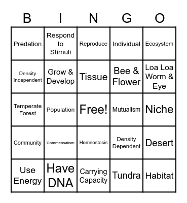 Ecology Bingo Card