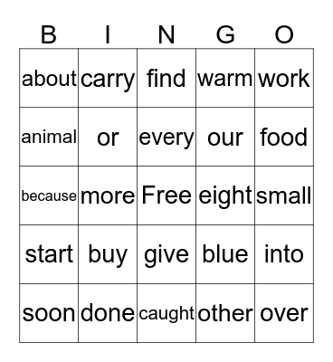 Sight Word Bingo Card