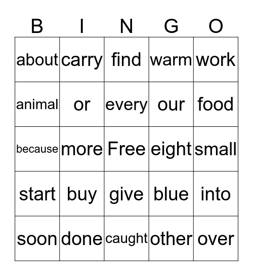 Sight Word Bingo Card