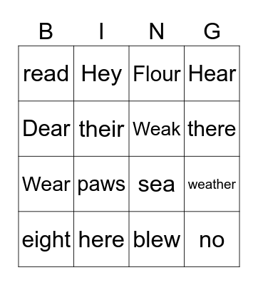 Homophone Bingo Card