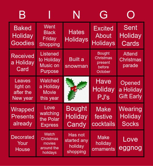 Holiday Fun Bingo Card