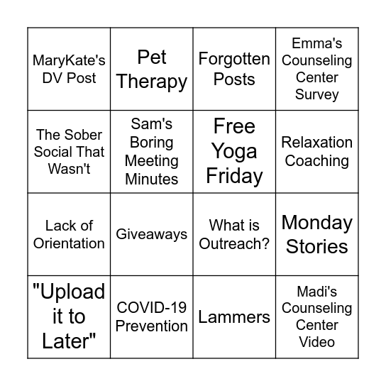 WSU Counseling Center Bingo Card