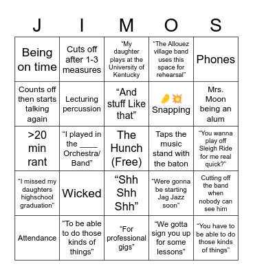 Jimos Shenanigans Bingo Card