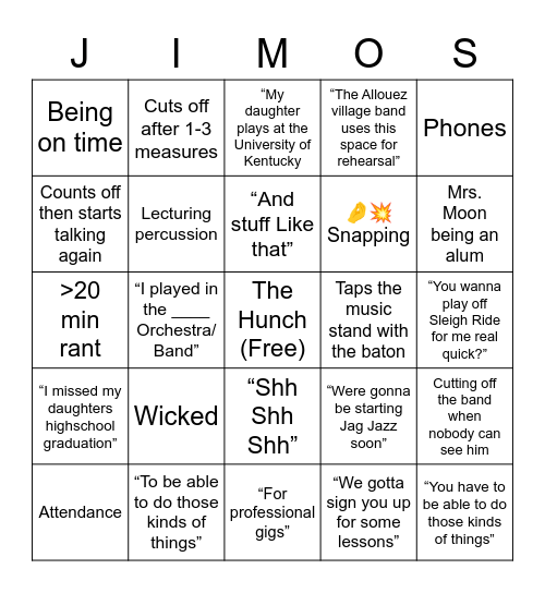 Jimos Shenanigans Bingo Card