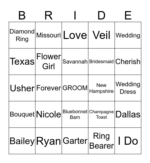 Bridal Bingo Card